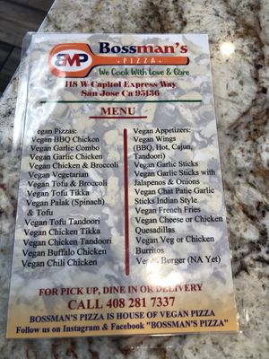 Vegan menu - lots of choices at Bossman's Pizza in San Jose