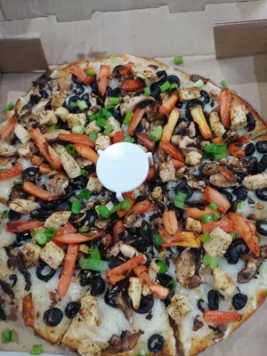 $17.00  10"  Vegan Garlic Chicken Pizza. Pretty good pizza, look forward to trying the other options at Bossman's Pizza in San Jose