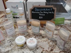 $10 Harji Vegan Deoterant, Hair Oil and Herbal Salve for sale at check out counter at Bossman's Pizza in San Jose