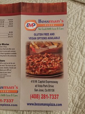 Menu 1 of 6 at Bossman's Pizza in San Jose