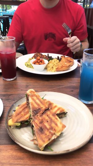 Mushroom and cheese toastie and big breakfast!!  at BKA Vegan in Burleigh Heads
