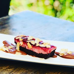 Choc berry tart and choc custard at BKA Vegan in Burleigh Heads