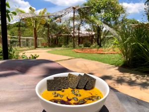 Pumpkin cream soup with homemade crackers at Cooper's Specialty Kitchen in Ao Nang