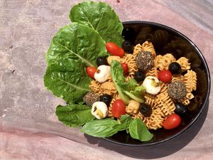 Whole wheat pasta salad with vegan mozzarella at Cooper's Specialty Kitchen in Ao Nang