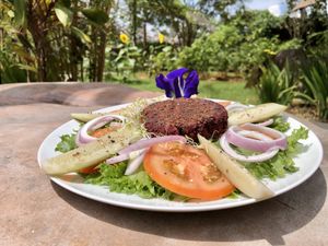 Bean burger plate without bun at Cooper's Specialty Kitchen in Ao Nang