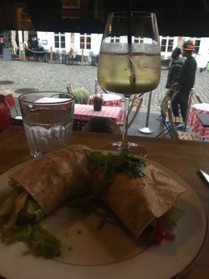 Veggie wrap, and pear cider.   at Pygmalion in Bergen