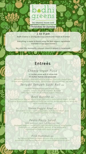 October 2020 Menu

Please call +917018277656 to customize
 / pre-order at Bodhi Greens in Arambol