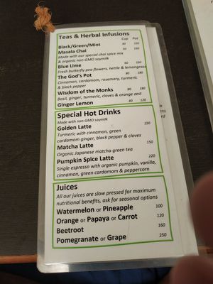 Drinks menu at Bodhi Greens in Arambol