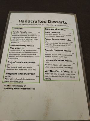Dessert menu at Bodhi Greens in Arambol