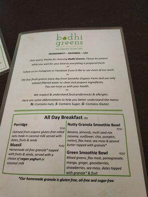 Breakfast menu at Bodhi Greens in Arambol