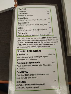 Drinks menu at Bodhi Greens in Arambol