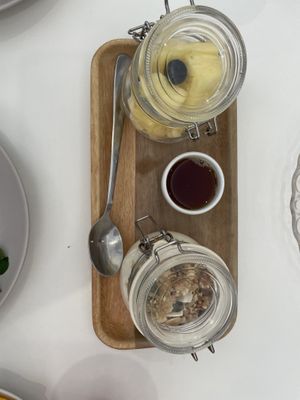 Yogurt granola with fruit (pineapple, banana and blueberry)   at Maria Limão in Lisbon