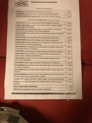 Indian menu at Nidda in Frankfurt