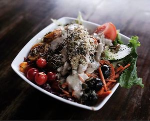 Yummy & nutritious Budha Bowl, made with quinoa, nuts & seeds, and organic vegetables. This is also Gluten-free! at Cafe Compassion at Hostel La Tortuga  in Ayampe