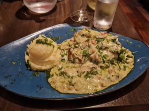 Vegan schnitzel with a mushroom sauce and mashed potato! at La Caverna in Dublin