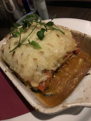 Vegan roasted veg lasagna  at La Caverna in Dublin
