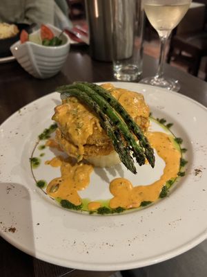 Vegan schnitzel with asparagus  at La Caverna in Dublin