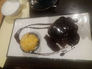 Vegan Brownie with Tropical Sorbet at La Caverna in Dublin