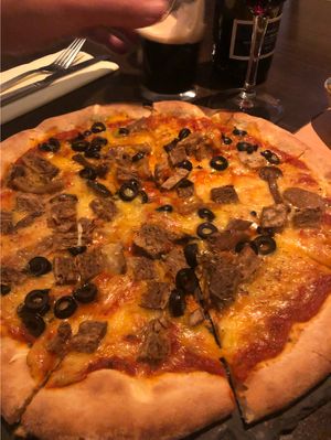 Vegan pizza with “ham”, mushroom and olives at La Caverna in Dublin