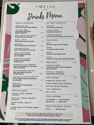 Drinks menu at Twelve Eatery in Bournemouth