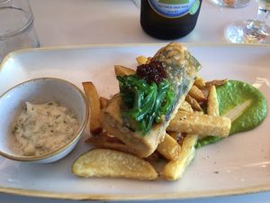 Beer battered tofu and chips at Twelve Eatery in Bournemouth