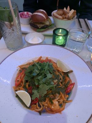 “Scrimp” linguine + burger  at Twelve Eatery in Bournemouth