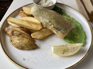 Beer battered sea Shepard tofu and chips… delicious!!!  at Twelve Eatery in Bournemouth