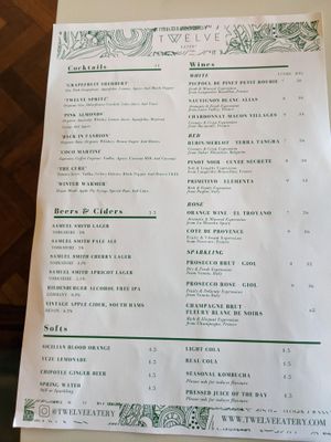 Drinks menu at Twelve Eatery in Bournemouth