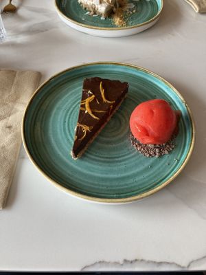 Chocolate and Orange Torte with Blood Orange Sorbet!  at Twelve Eatery in Bournemouth