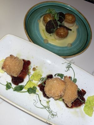Breaded camembert and pan seared ‘scallops'  at Twelve Eatery in Bournemouth