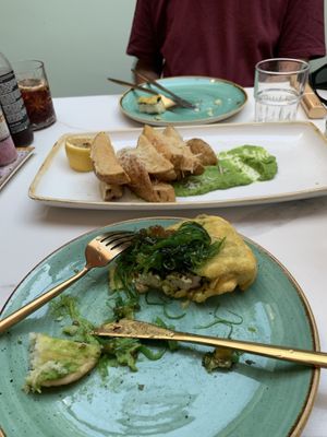 One portion of tofu, chips and smashed peas was more than enough for both of us   at Twelve Eatery in Bournemouth