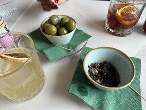 Nibbles - olives and pickled mushrooms  at Twelve Eatery in Bournemouth