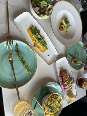 Caeser salad, oyster mushroom scallops, asparagus, macaroni cheese, schnitzel  at Twelve Eatery in Bournemouth