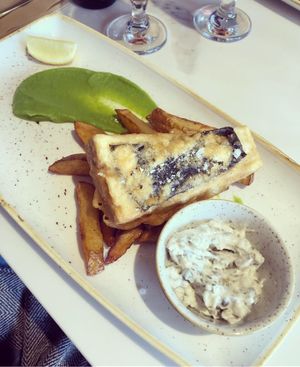 Beer battered tofu and chips at Twelve Eatery in Bournemouth