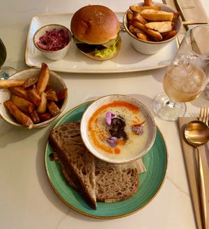 Soup option that day and burger at Twelve Eatery in Bournemouth