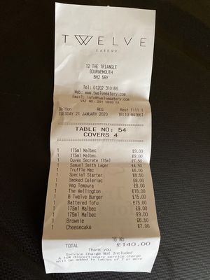 Receipt  at Twelve Eatery in Bournemouth