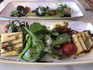 Halloumi with cherry tomatoes and scallops with chorizo at Twelve Eatery in Bournemouth