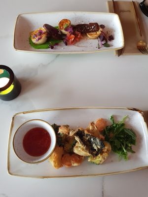 Scallops and tempura veg starters at Twelve Eatery in Bournemouth