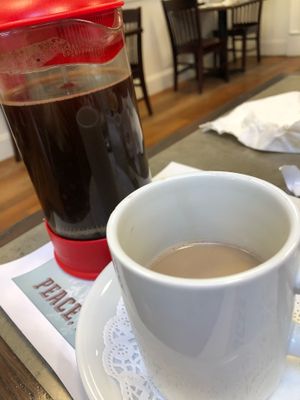 The BEST French press coffee with steamed soy milk. at Turning Point in Lawrence Township