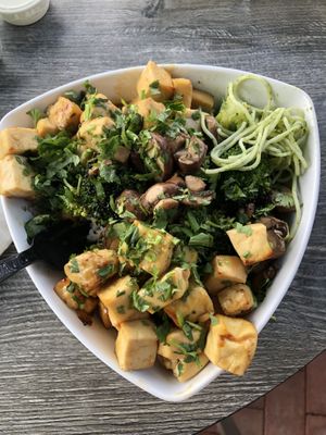 Large BYO bowl. Pesto noddles, jasmine rice, balsamic mushrooms, ginger broccoli and miso tofu. Shared with spouse and was plenty of food!  at Bolay in Gainesville
