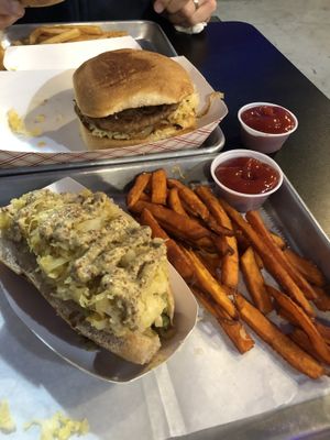 Loaded vegan dog & burger. Reg & sweet potato fries   at Botsky's in Lake Charles