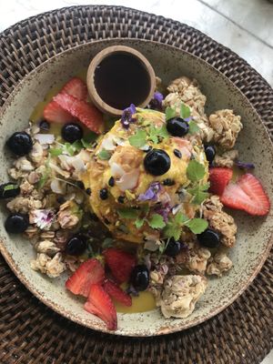 Lemon and vegan ricotta pancakes at The Milkman's Daughter in Mermaid Beach
