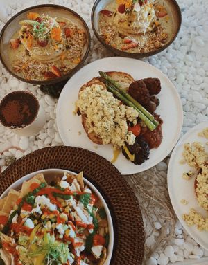 Nachos, pancakes and big breaky! All ordered vegan! at The Milkman's Daughter in Mermaid Beach