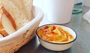 Humus with bread at Luke's in Bilbao