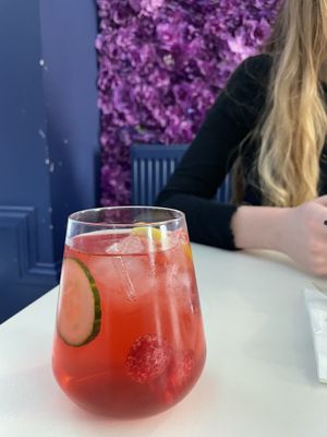 Raspberry, Lemon, Cucumber, Ice Tea. Delicious and very refreshing!  at Naked Bakery in Edinburgh