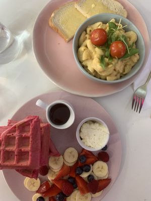 Pink waffles and Mac and cheese  at Naked Bakery in Edinburgh