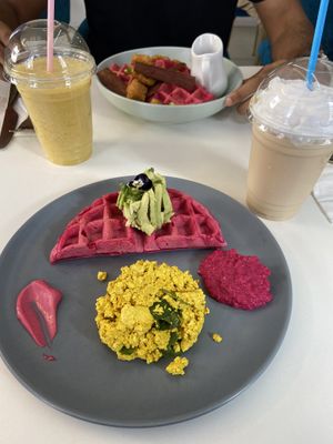 Rose moon Waffle, waffle w/ chiken & bakon, Biscoff mylkshake and Mango/fruit smoothie at Naked Bakery in Edinburgh