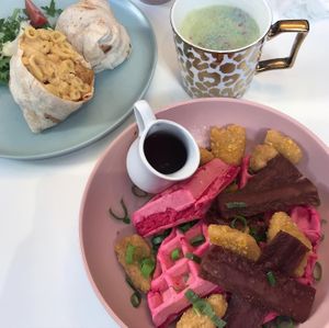 Mac and cheese burrito and chicken and bacon waffles at Naked Bakery in Edinburgh