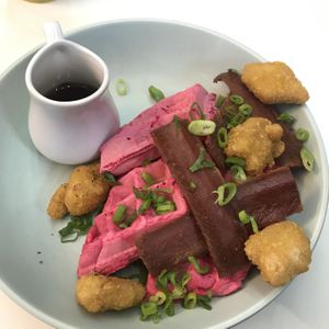 Pink waffles with chicken & bacon   at Naked Bakery in Edinburgh