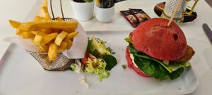 Piri Piri Chicken burger with fries at Naked Bakery in Edinburgh